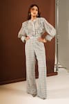 Buy_Ria Shah Label_Gray Georgette Lace Collared Tweed Print Frill Shirt And Wide Leg Pant Set _at_Aza_Fashions