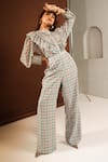 Ria Shah Label_Gray Georgette Lace Collared Tweed Print Frill Shirt And Wide Leg Pant Set _Online_at_Aza_Fashions