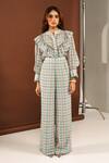 Buy_Ria Shah Label_Gray Georgette Lace Collared Tweed Print Frill Shirt And Wide Leg Pant Set _Online_at_Aza_Fashions