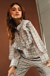 Shop_Ria Shah Label_Gray Georgette Lace Collared Tweed Print Frill Shirt And Wide Leg Pant Set _Online_at_Aza_Fashions