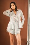 Buy_Ria Shah Label_Gray Georgette Lace, Tassels Tweed Print A-line Bow Shirt And Bermuda Shorts Set _Online_at_Aza_Fashions
