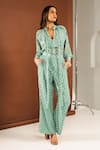 Buy_Ria Shah Label_Green Georgette Mirrors V-neck Shibori Print Ruffled Top And Wide Legged Pant Set _at_Aza_Fashions