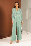 Ria Shah Label_Green Georgette Mirrors V-neck Shibori Print Ruffled Top And Wide Legged Pant Set _Online_at_Aza_Fashions