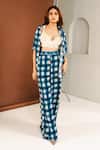 Shop_Ria Shah Label_Blue Georgette Sequins Collared, V-neck Checkered Shirt Pant Set _at_Aza_Fashions