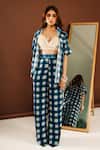 Ria Shah Label_Blue Georgette Sequins Collared, V-neck Checkered Shirt Pant Set _Online_at_Aza_Fashions