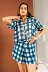Buy_Ria Shah Label_Blue Georgette Lace, Bows Collared, V-neck Checkered Shirt And Bermuda Shorts Set _at_Aza_Fashions