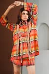 Ria Shah Label_Orange Georgette Lace Collared Plaid Checkered Shirt And Bermuda Shorts Set _Online_at_Aza_Fashions