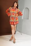 Buy_Ria Shah Label_Orange Georgette Lace Collared Plaid Checkered Shirt And Bermuda Shorts Set _at_Aza_Fashions