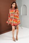 Shop_Ria Shah Label_Orange Georgette Lace Collared Plaid Checkered Shirt And Bermuda Shorts Set _Online_at_Aza_Fashions