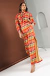Buy_Ria Shah Label_Orange Georgette Ruffles High Neck Plaid Print Shirt With Pant _at_Aza_Fashions