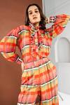 Ria Shah Label_Orange Georgette Ruffles High Neck Plaid Print Shirt With Pant _Online_at_Aza_Fashions