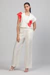 Buy_Zosia_Ivory Linen, Denim Applique V-, Bandeau Alvara Printed Jacket Pant Set _at_Aza_Fashions