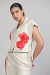 Shop_Zosia_Ivory Linen, Denim Applique V-, Bandeau Alvara Printed Jacket Pant Set _Online_at_Aza_Fashions