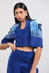Zosia_Blue Lycra Applique V-, Bandeau Aquarelle Print Jacket Pant Set _Online_at_Aza_Fashions