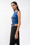 AK-OK_Blue Cotton Embroidery, Metallic Thread Boat Neck Cutwork Sleeveless Crop Top _Online_at_Aza_Fashions