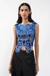 Buy_AK-OK_Blue Cotton Embroidery, Metallic Thread Boat Neck Cutwork Sleeveless Crop Top _at_Aza_Fashions