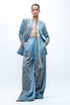 Buy_AK-OK_Blue Denim Beads, Sequins, Studs, Metallic Embellished Blazer And Trouser Set _Online_at_Aza_Fashions