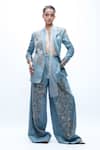 Buy_AK-OK_Blue Denim Beads, Sequins, Studs, Metallic Embellished Blazer And Trouser Set _at_Aza_Fashions