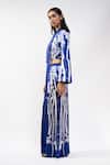 AK-OK_Blue Silk V-neck Abstract Printed Crop Top And Trouser Set _Online_at_Aza_Fashions