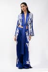 Buy_AK-OK_Blue Silk V-neck Abstract Printed Crop Top And Trouser Set _at_Aza_Fashions