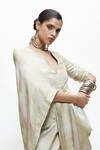 Buy_AK-OK_Ivory Silk V-neck Abstract Print Draped Dress _Online_at_Aza_Fashions