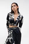 AK-OK_Black Silk Sequins, Embroidery V-neck Abstract Print Jacket And Draped Skirt Set _at_Aza_Fashions