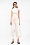 Buy_AK-OK_White Cotton High Neck, Asymmetric Collar Cut-out Top And Trouser Set _Online_at_Aza_Fashions