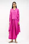 Buy_AK-OK_Pink Linen Collared, V-neck Oversized Shirt And Draped Skirt Set _at_Aza_Fashions
