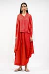 Buy_AK-OK_Red Linen Collared, V-neck Shirt And Asymmetric Skirt Set _at_Aza_Fashions