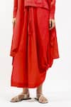 AK-OK_Red Linen Collared, V-neck Shirt And Asymmetric Skirt Set _Online_at_Aza_Fashions