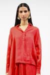 Shop_AK-OK_Red Linen Collared, V-neck Shirt And Asymmetric Skirt Set _at_Aza_Fashions