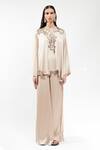 Buy_AK-OK_Cream Silk Sequins, Beads Split V-neck Embellished Habutai Kaftan Kurta _at_Aza_Fashions