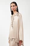Buy_AK-OK_Cream Silk Sequins, Beads Split V-neck Embellished Habutai Kaftan Kurta _Online_at_Aza_Fashions