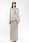 Buy_AK-OK_Gray Silk Beads, Embroidery Split V-neck Habutai Kaftan Kurta _at_Aza_Fashions