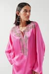 AK-OK_Pink Silk Beads, Metallic Thread V-neck Embellished Habutai Kurta _Online_at_Aza_Fashions