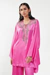 AK-OK_Pink Silk Beads, Metallic Thread V-neck Embellished Habutai Kurta _at_Aza_Fashions