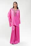Buy_AK-OK_Pink Silk Beads, Metallic Thread V-neck Embellished Habutai Kurta _at_Aza_Fashions