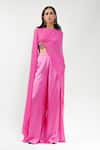 AK-OK_Pink Silk, Cotton Round Neck Embellished Draped Cape And Trouser Set _at_Aza_Fashions