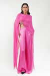 Buy_AK-OK_Pink Silk, Cotton Round Neck Embellished Draped Cape And Trouser Set _at_Aza_Fashions