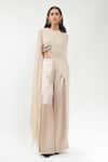Shop_AK-OK_Cream Silk Round Neck Embellished Cape And Trouser Set _Online_at_Aza_Fashions
