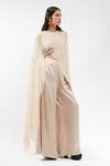 AK-OK_Cream Silk Round Neck Embellished Cape And Trouser Set _at_Aza_Fashions