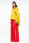 AK-OK_Mustard Cotton Collared, V-neck Oversized Shirt And Wide Legged Trouser Set _Online_at_Aza_Fashions