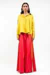 Shop_AK-OK_Mustard Cotton Collared, V-neck Oversized Shirt And Wide Legged Trouser Set _Online_at_Aza_Fashions