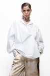AK-OK_White Cotton Sequins Collared, V-neck Oversized Shirt _Online_at_Aza_Fashions