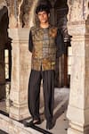 Shop_Dash And Dot_Gold Polyester, Viscose, Spandex Patchwork, Embroidery Nehru Jacket _at_Aza_Fashions