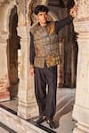 Dash And Dot_Gold Polyester, Viscose, Spandex Patchwork, Embroidery Nehru Jacket _Online_at_Aza_Fashions