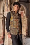 Dash And Dot_Gold Polyester, Viscose, Spandex Patchwork, Embroidery Nehru Jacket _at_Aza_Fashions
