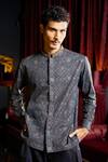 Buy_Dash And Dot_Blue Cotton Embroidery Printed Band Collar Shirt With Neck _at_Aza_Fashions