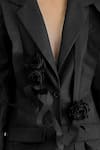 Shop_Quod_Black Suiting, Polyester, Viscose Fabric Flowers, Ribbons V-neck Garden Jacket _Online_at_Aza_Fashions