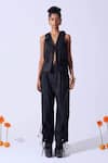 Buy_Quod_Black Suiting, Polyester, Viscose V-neck Garden Applique Vest _Online_at_Aza_Fashions